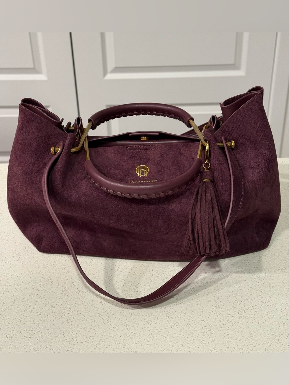 House of Harlow 1960 Suede Tote in Plum with Tassel